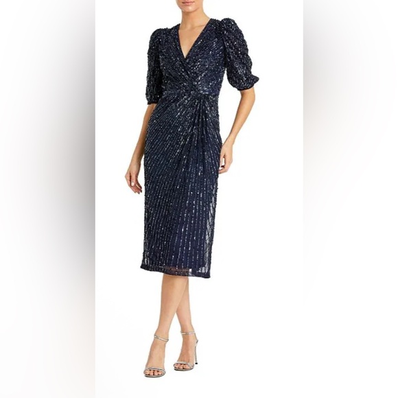 MAC DUGGAL Puff Sleeve Sequin A-Line Wrap Midi Dress – Size 16 – 5578 – Blue - Picture 1 of 8